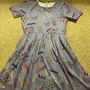 LuLaRoe Purple Floral Fit & Flare Dress with Gold, Green, Red Accents
